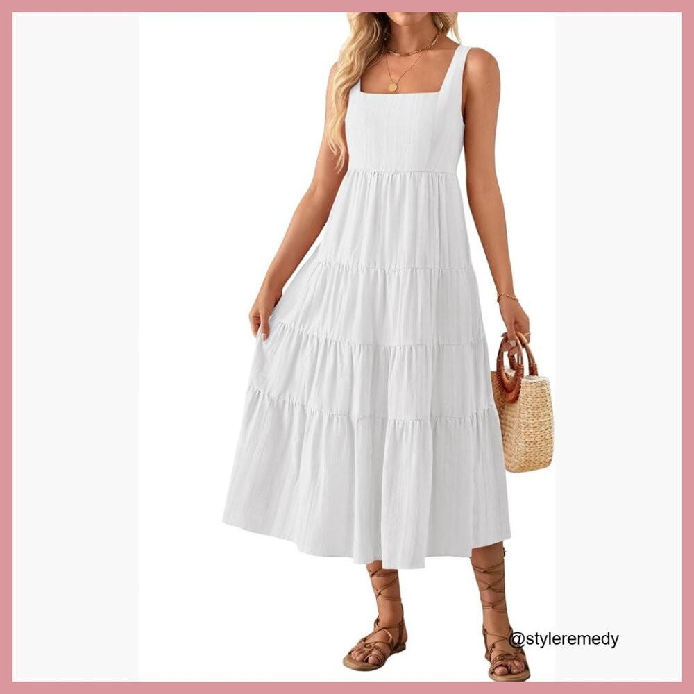 Sleeveless Backless Sundress Casual Flowy Tiered Midi Dress